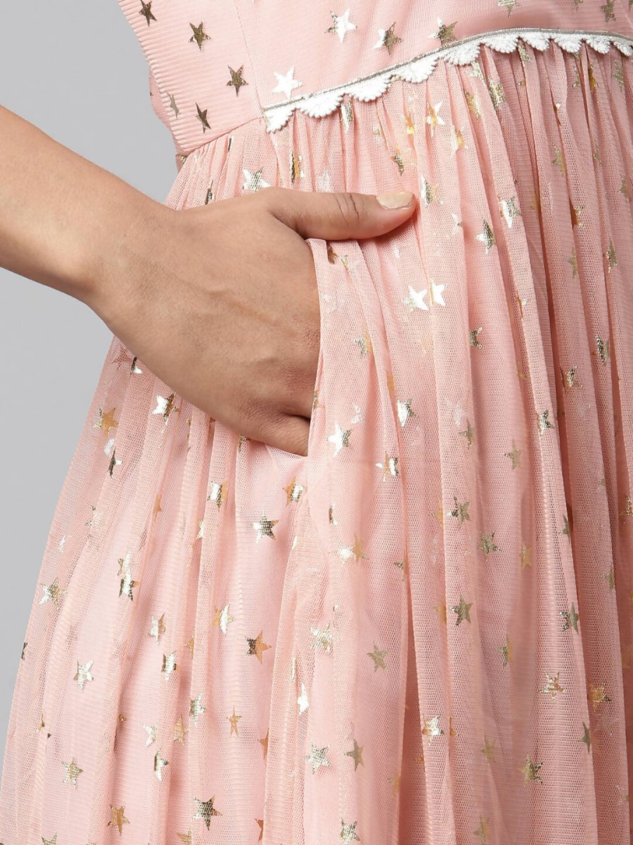 Ahalyaa Women Pink Net Gold Foil Print Dress | Grocsy