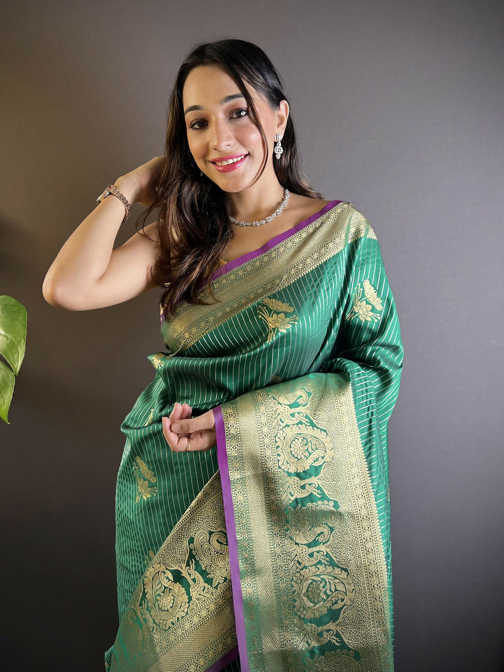 Joban Fashion Green Striped With Floral Motifs Soft Silk Leheriya Saree | Grocsy