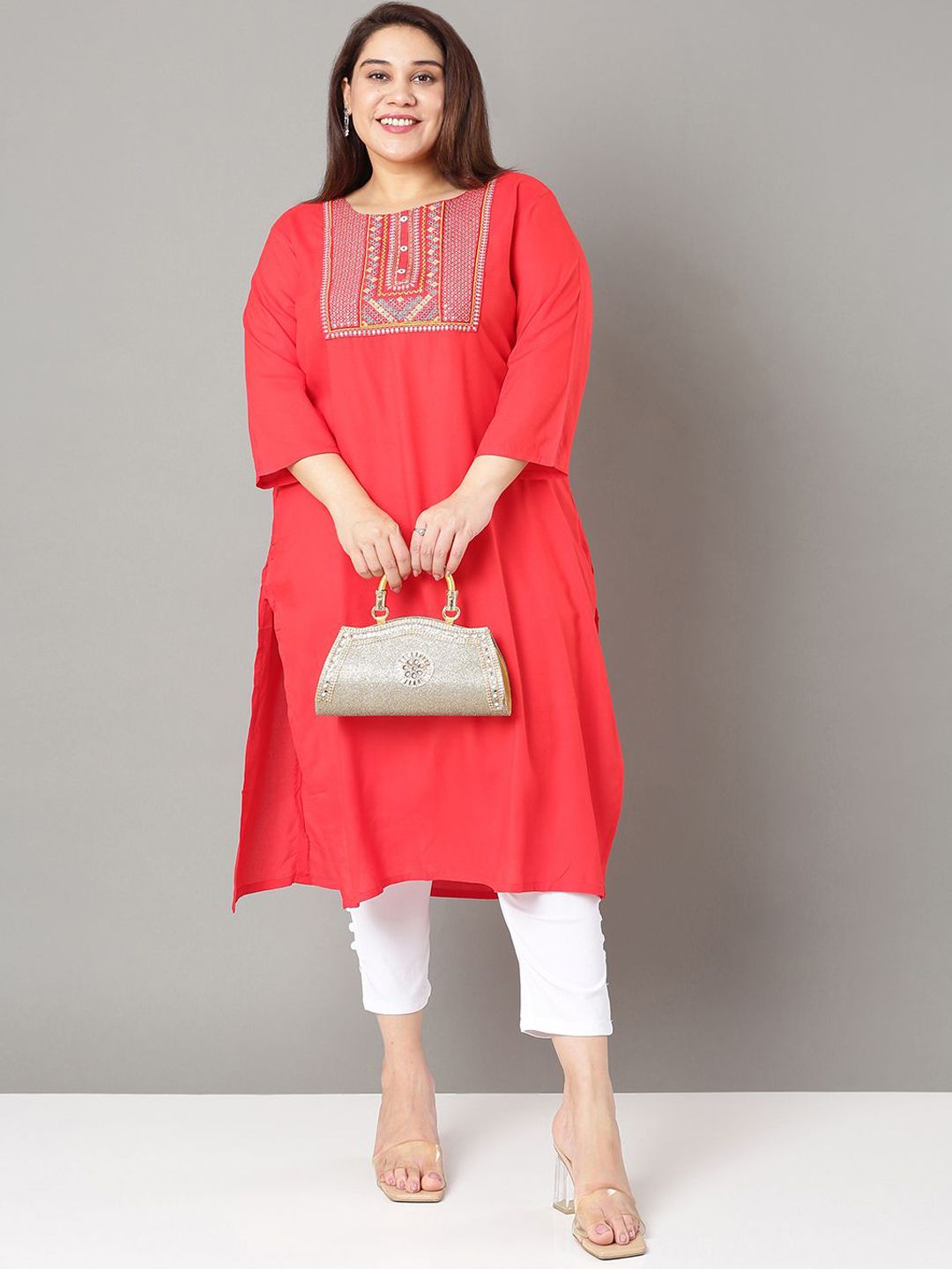 Sztori Floral Embroidered Yoke Design Sequined Straight Kurta | Grocsy