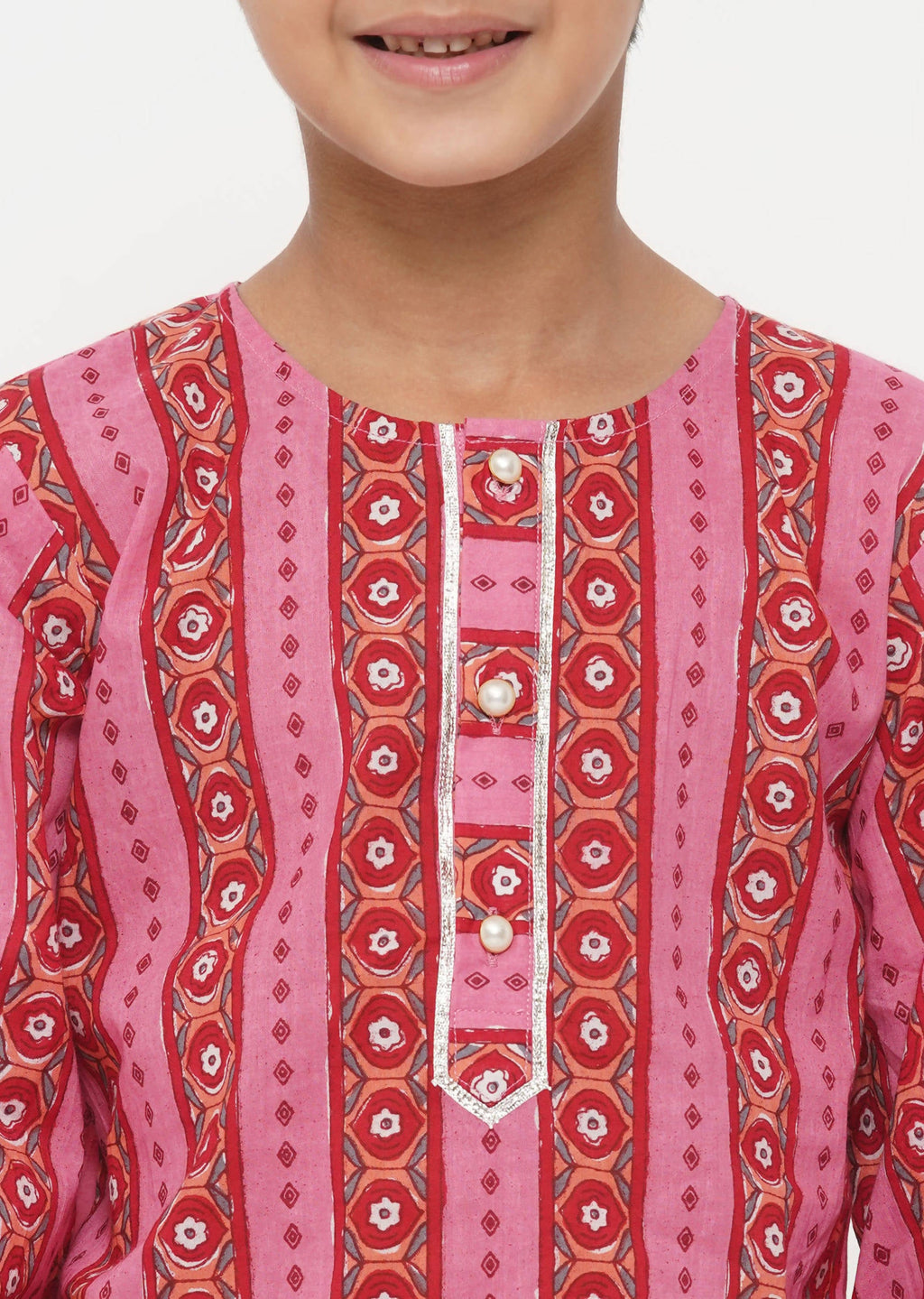 Little Bansi Boys Cotton Striped Kurta with Pearl Buttons & Dhoti -Pink & Cream | Grocsy
