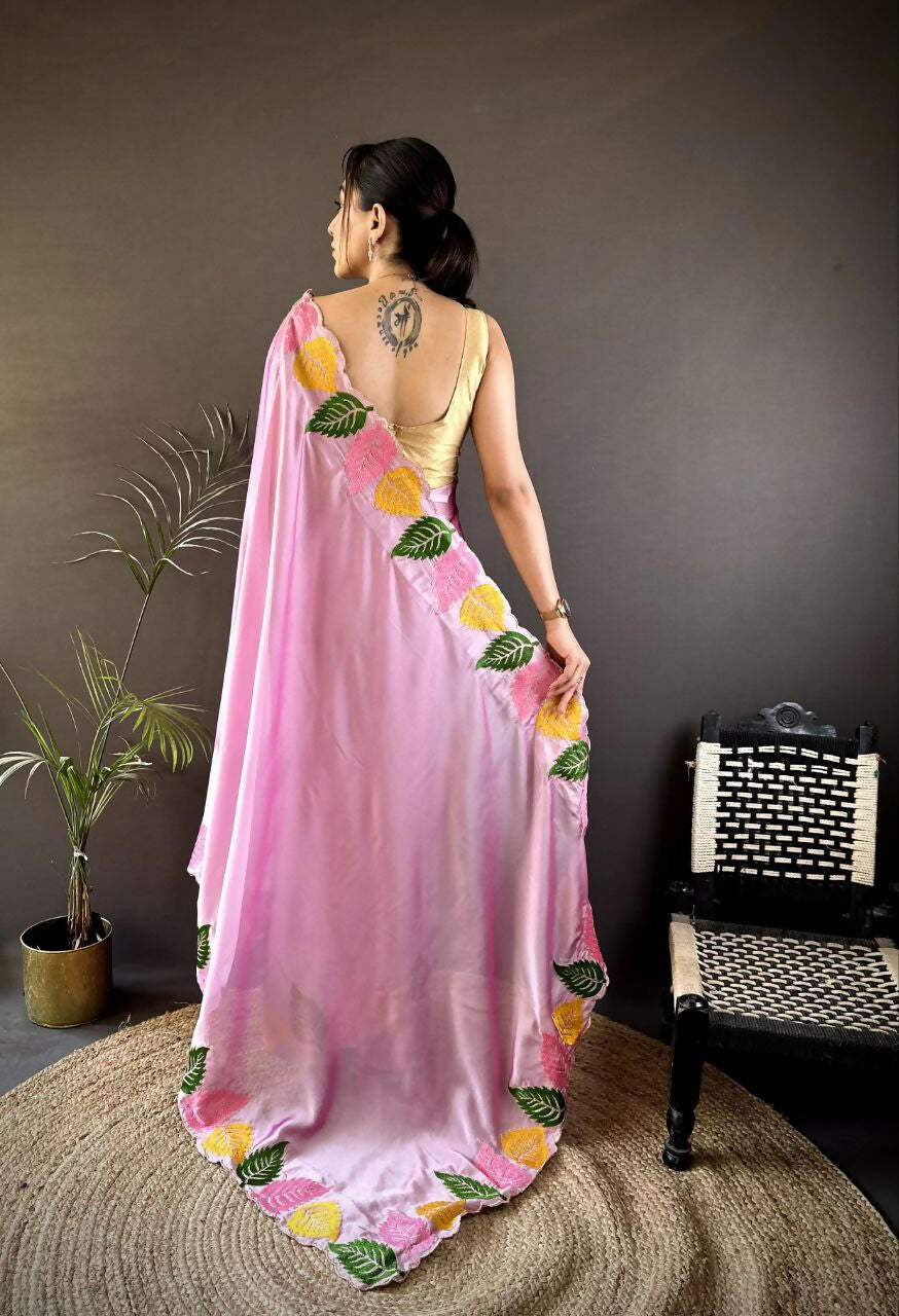 Prime Volt Multicolor Leaf Embroidery Rangoli Silk Saree with Scalloped Border-Pink | Grocsy