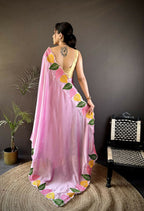Prime Volt Multicolor Leaf Embroidery Rangoli Silk Saree with Scalloped Border-Pink | Grocsy
