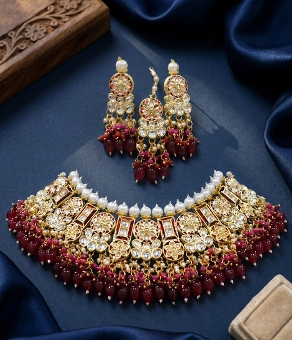Jewel City Maroon Kundan Choker Set With Earrings & Maang Tikka|Bridal Jewelry | Grocsy