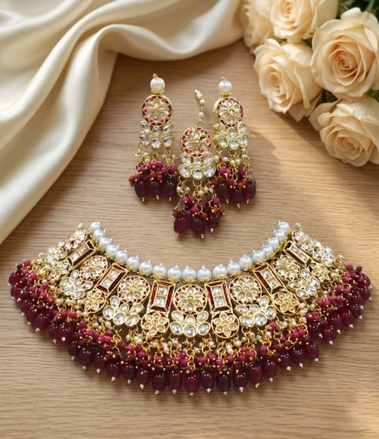 Jewel City Maroon Kundan Choker Set With Earrings & Maang Tikka|Bridal Jewelry | Grocsy