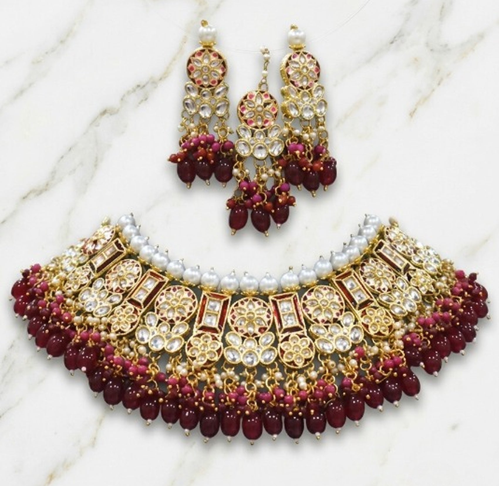 Jewel City Maroon Kundan Choker Set With Earrings & Maang Tikka|Bridal Jewelry | Grocsy