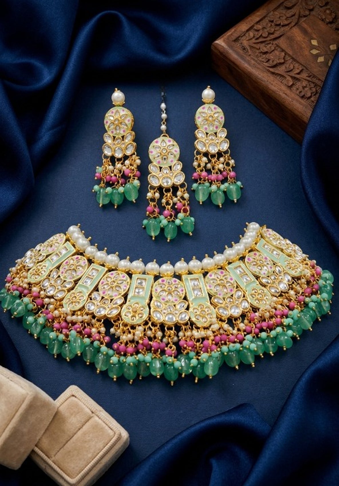 Jewel City Mint Kundan Choker Necklace Set With Earrings & Maang Tikka|Bridal Jewelry | Grocsy