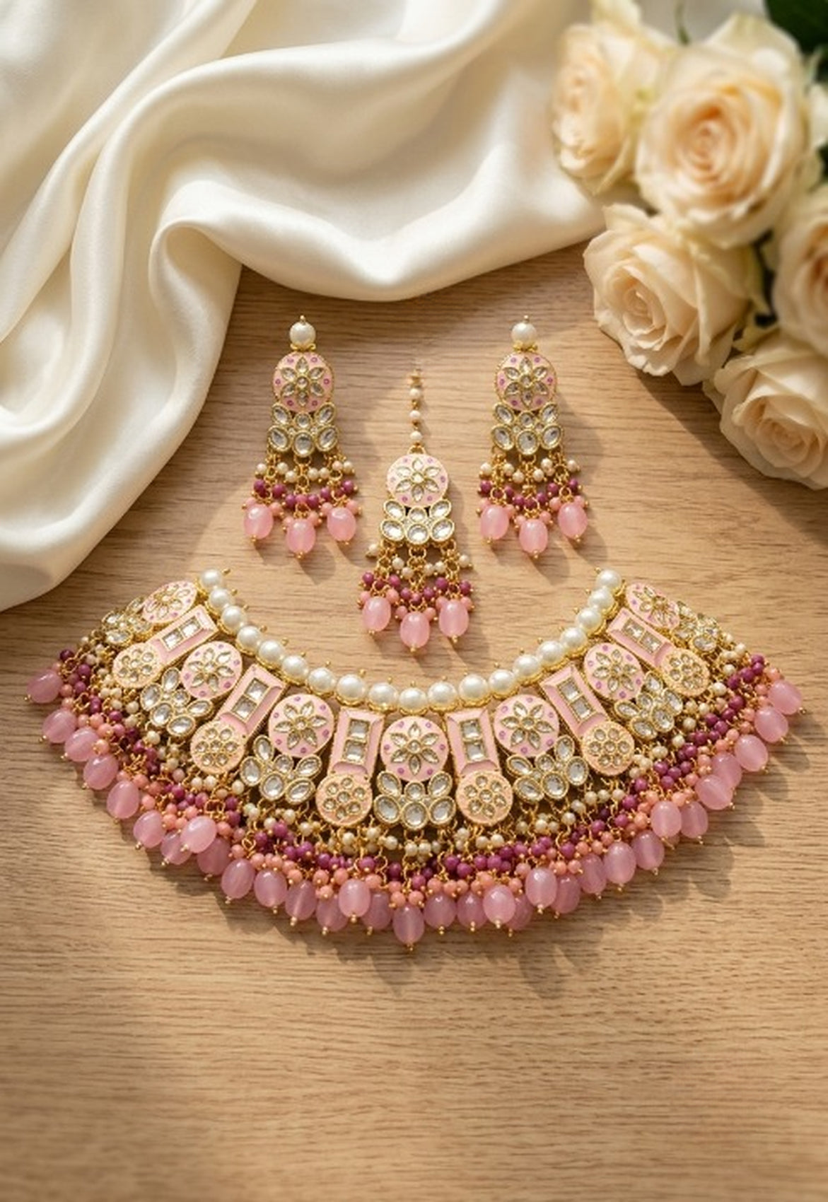 Jewel City Pink Kundan Choker Set With Earrings & Maang Tikka|Bridal Jewelry | Grocsy