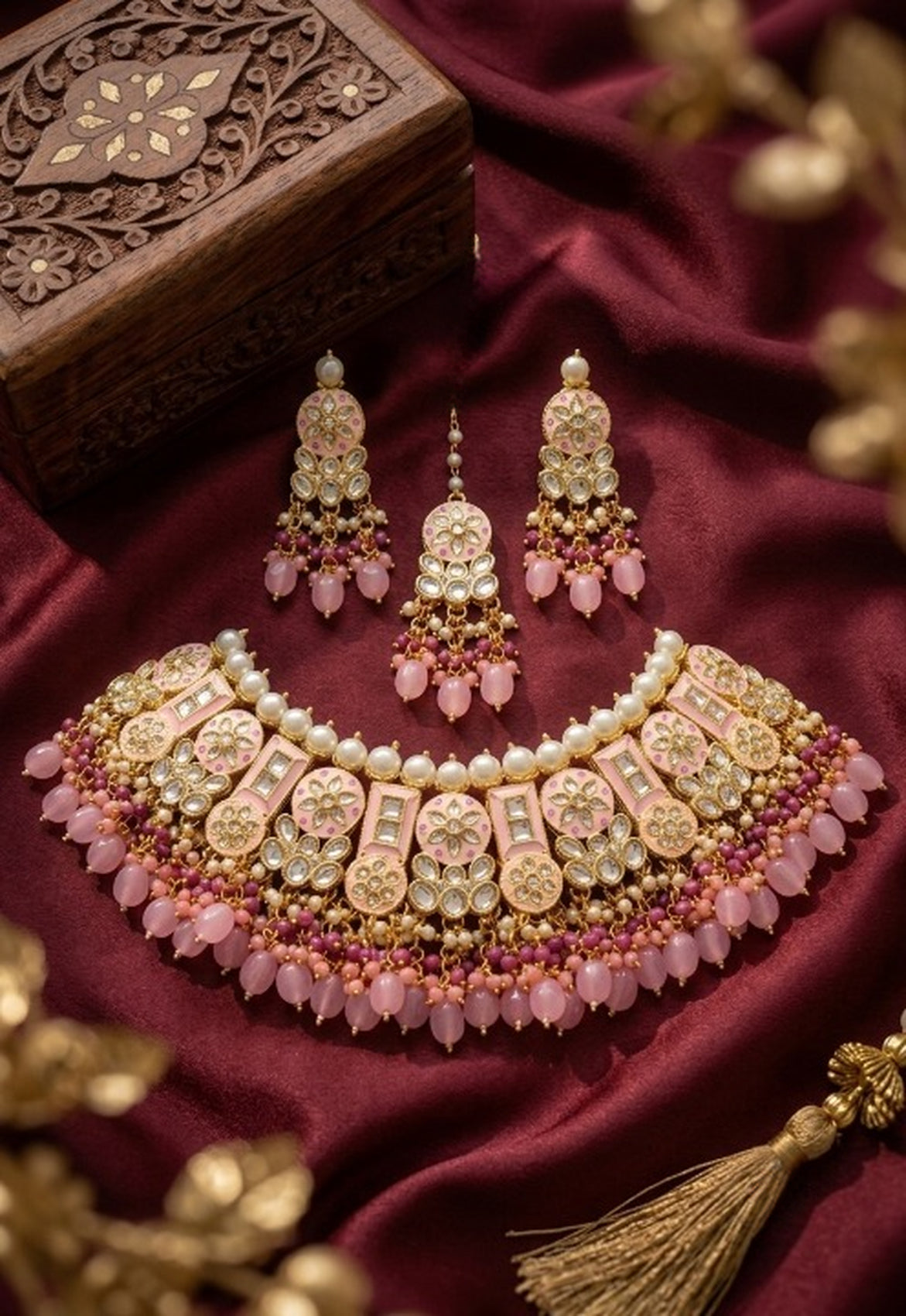 Jewel City Pink Kundan Choker Set With Earrings & Maang Tikka|Bridal Jewelry | Grocsy