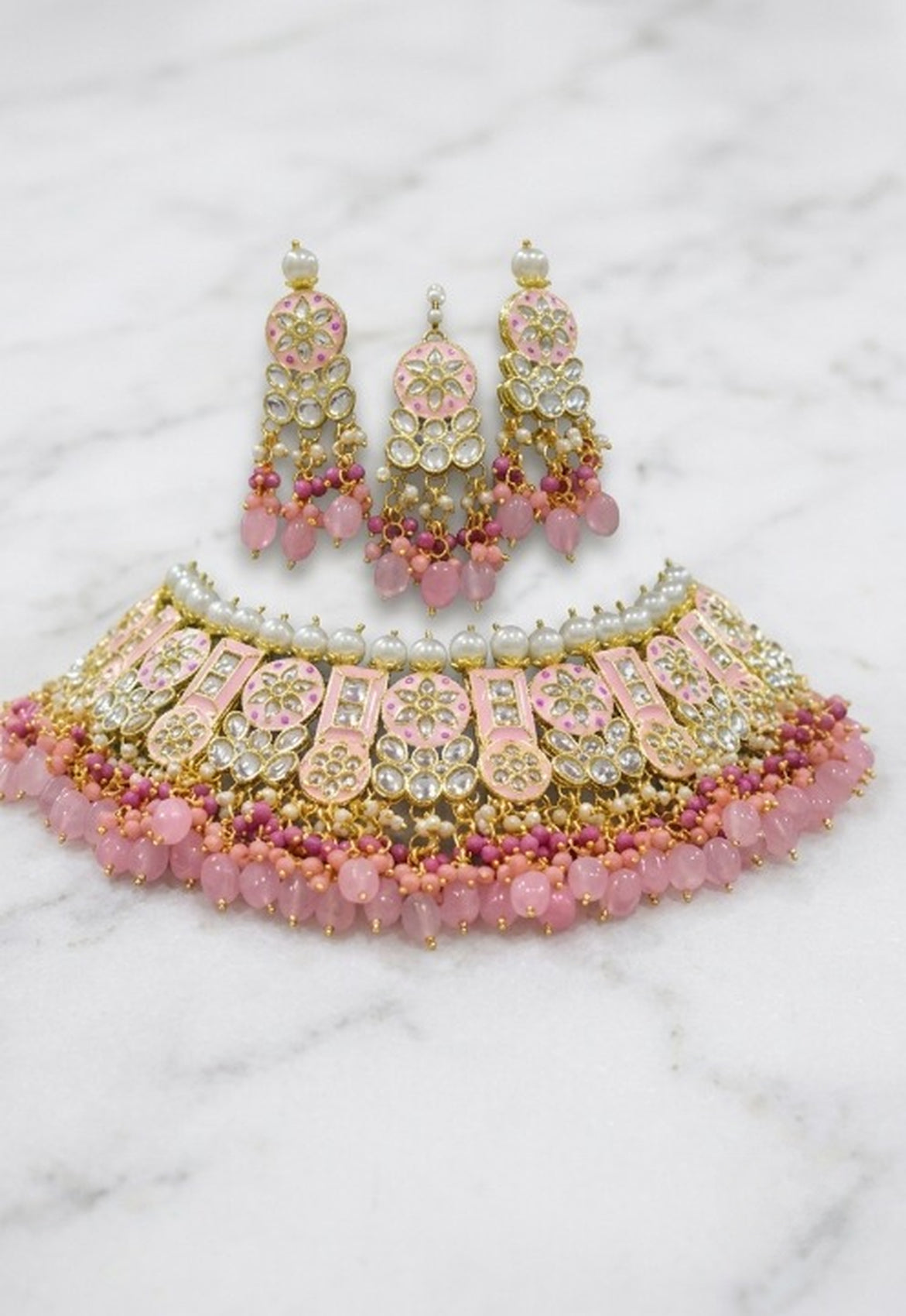 Jewel City Pink Kundan Choker Set With Earrings & Maang Tikka|Bridal Jewelry | Grocsy