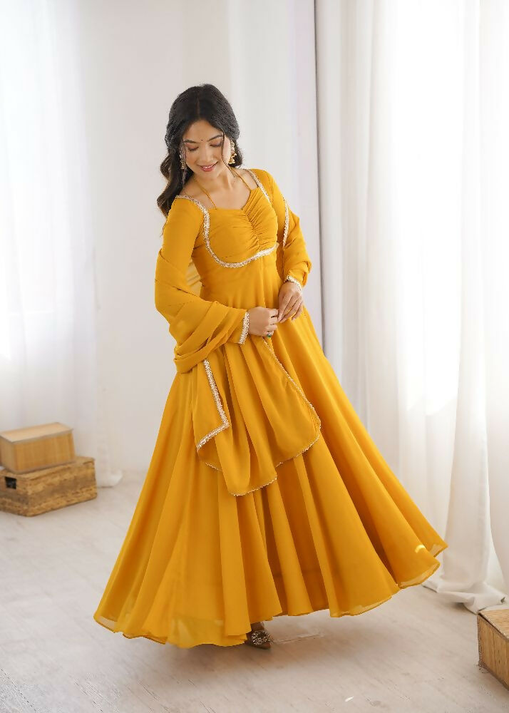 Teeya Creation Yellow Faux Georgette Designer Party Wear Long Gown | Grocsy