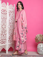 Jyoti Fashion Women's Pink Muslin Floral Print with Jari & Crystal work Kurta with Trouser & Dupatta | Grocsy