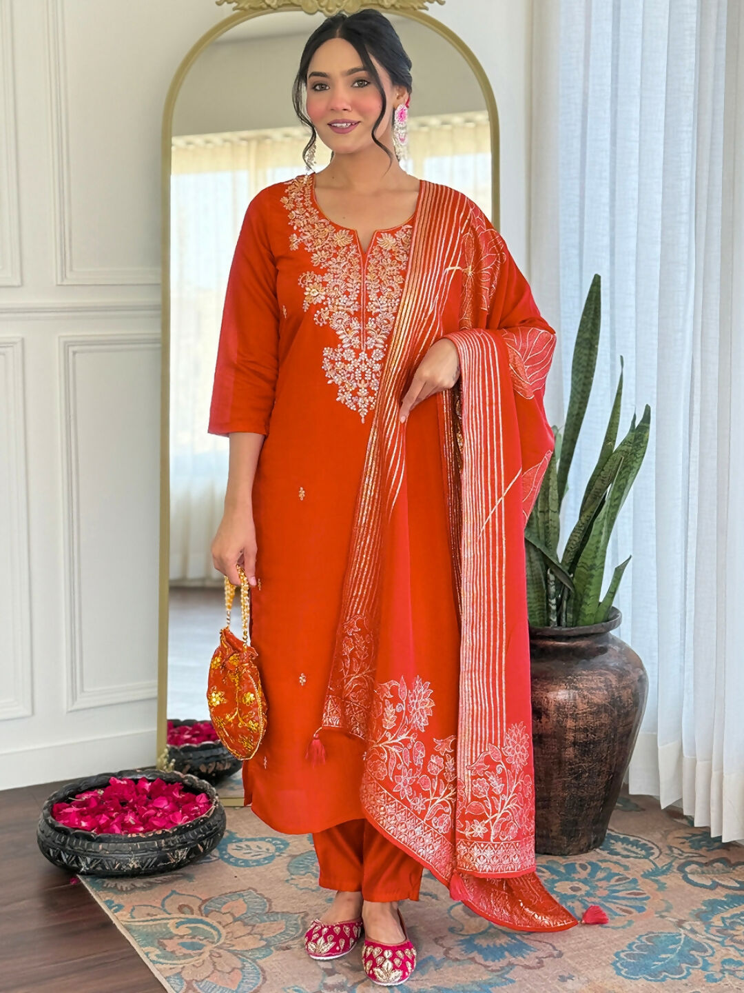 The52 Rust Women's Gorgeous Roman Silk Fabric Straight Kurta, Pant and Dupatta Set | Grocsy