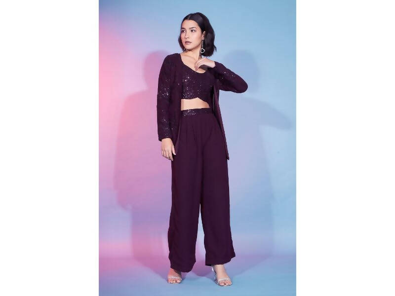 Maroon Georgette Sequence With Thread Designer Co-Ord Set - Flory | Grocsy