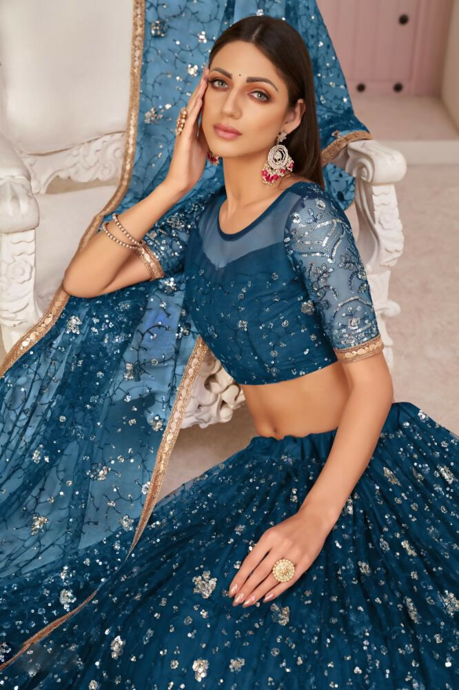 Aastha Fashion More Peach Butterfly Net All Over Thread Work, Zari Work And Sandwich Sequence Work Embroidery Wedding Wear Lehenga Choli | Grocsy