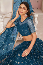 Aastha Fashion More Peach Butterfly Net All Over Thread Work, Zari Work And Sandwich Sequence Work Embroidery Wedding Wear Lehenga Choli | Grocsy