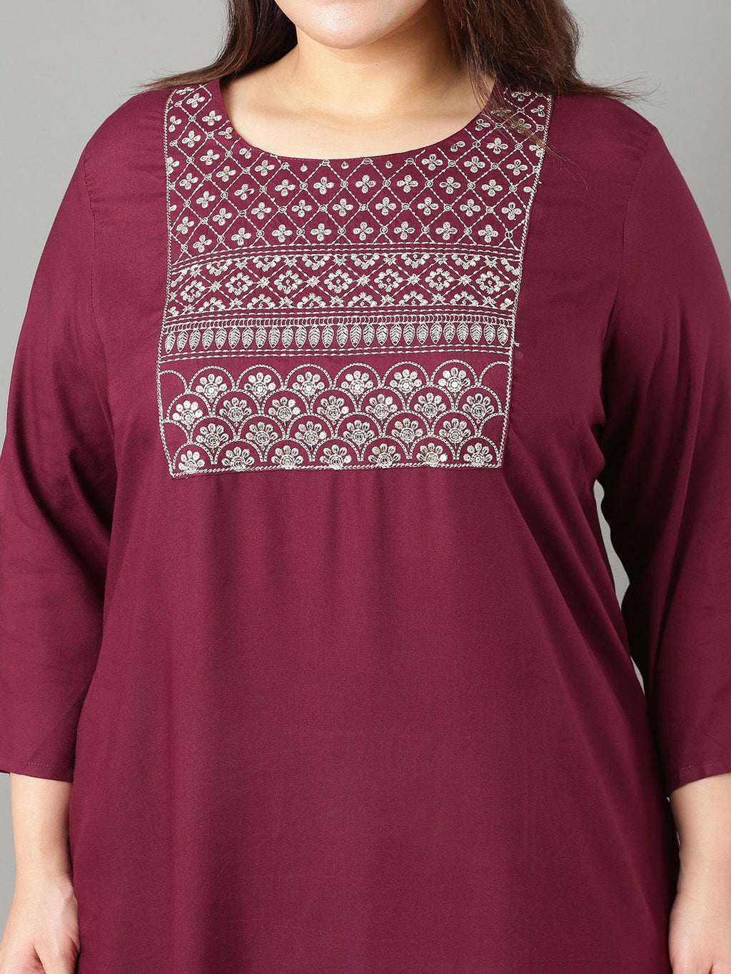 Sztori Plus Size Floral Yoke Design Thread Work Straight Kurta | Grocsy