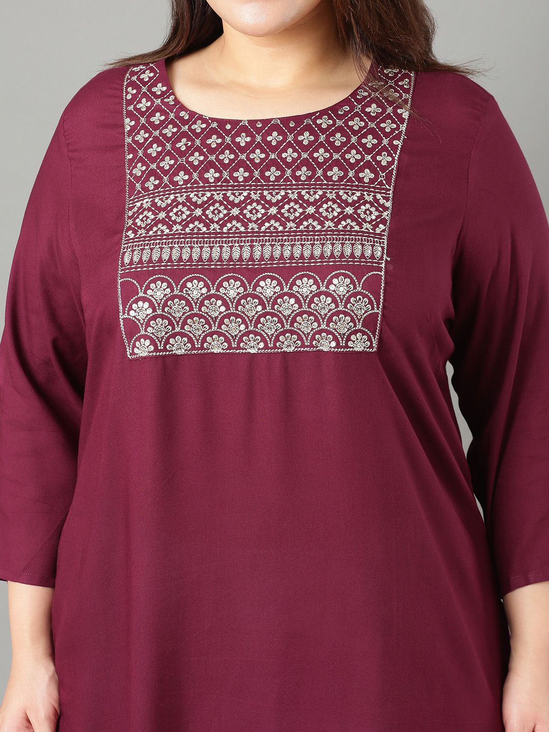 Sztori Plus Size Floral Yoke Design Thread Work Straight Kurta | Grocsy