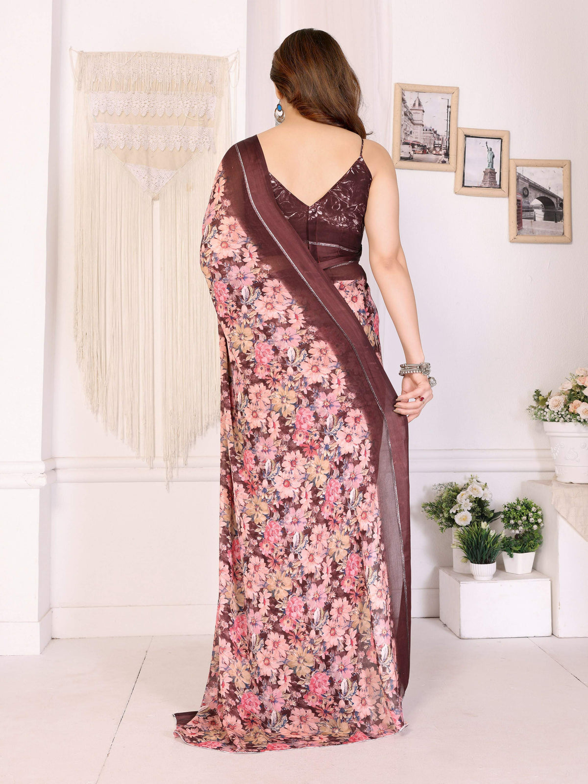PR Fashion Maroon Bright Moss Satin Patta Printed Saree | Grocsy