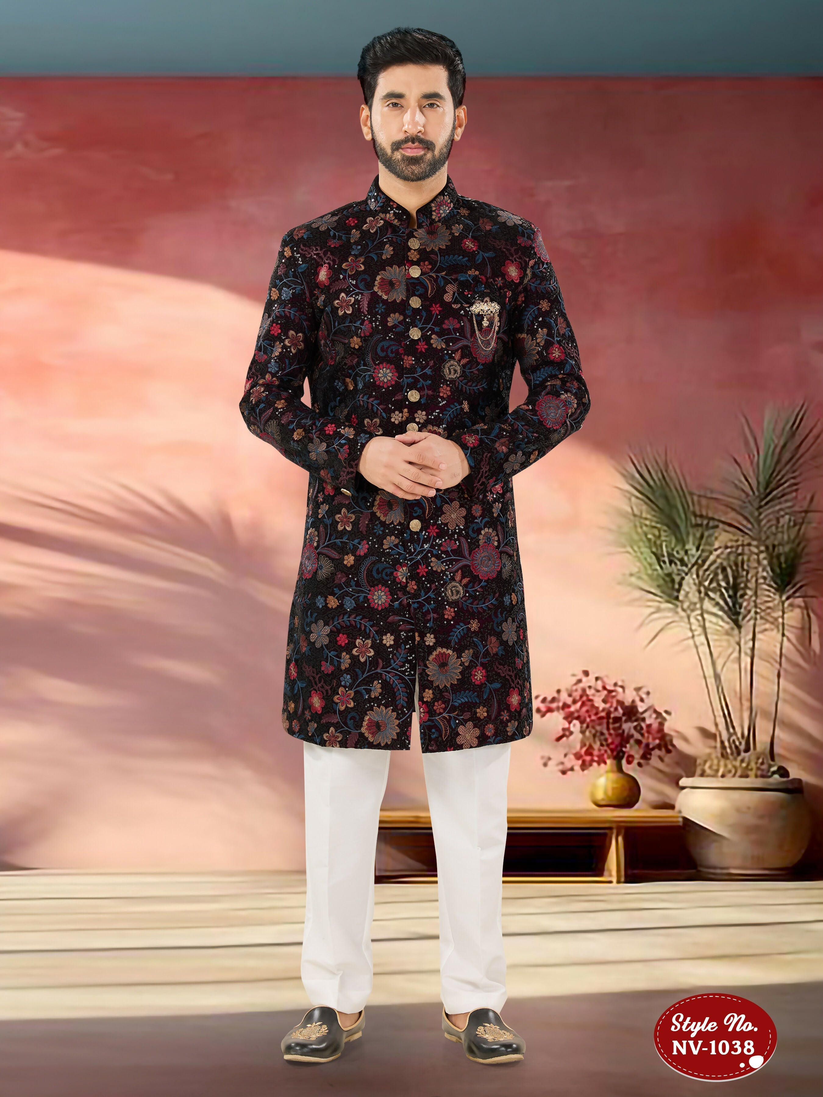 Joban Fashion Men's Wine Base Multi-Colour Straight Velvet Heavy Thread And Sequence Embroidary All Over Indo-Western Kurta Set | Grocsy