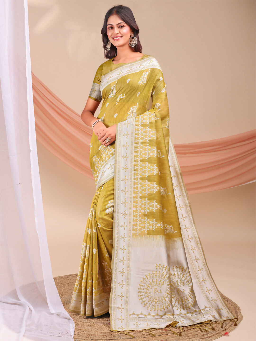 Shree Shyam Fashion Varnika Mustard Linen Cotton Saree | Grocsy