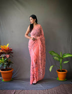 Vamsee Pearl 1 Peach Georgette Saree | Grocsy