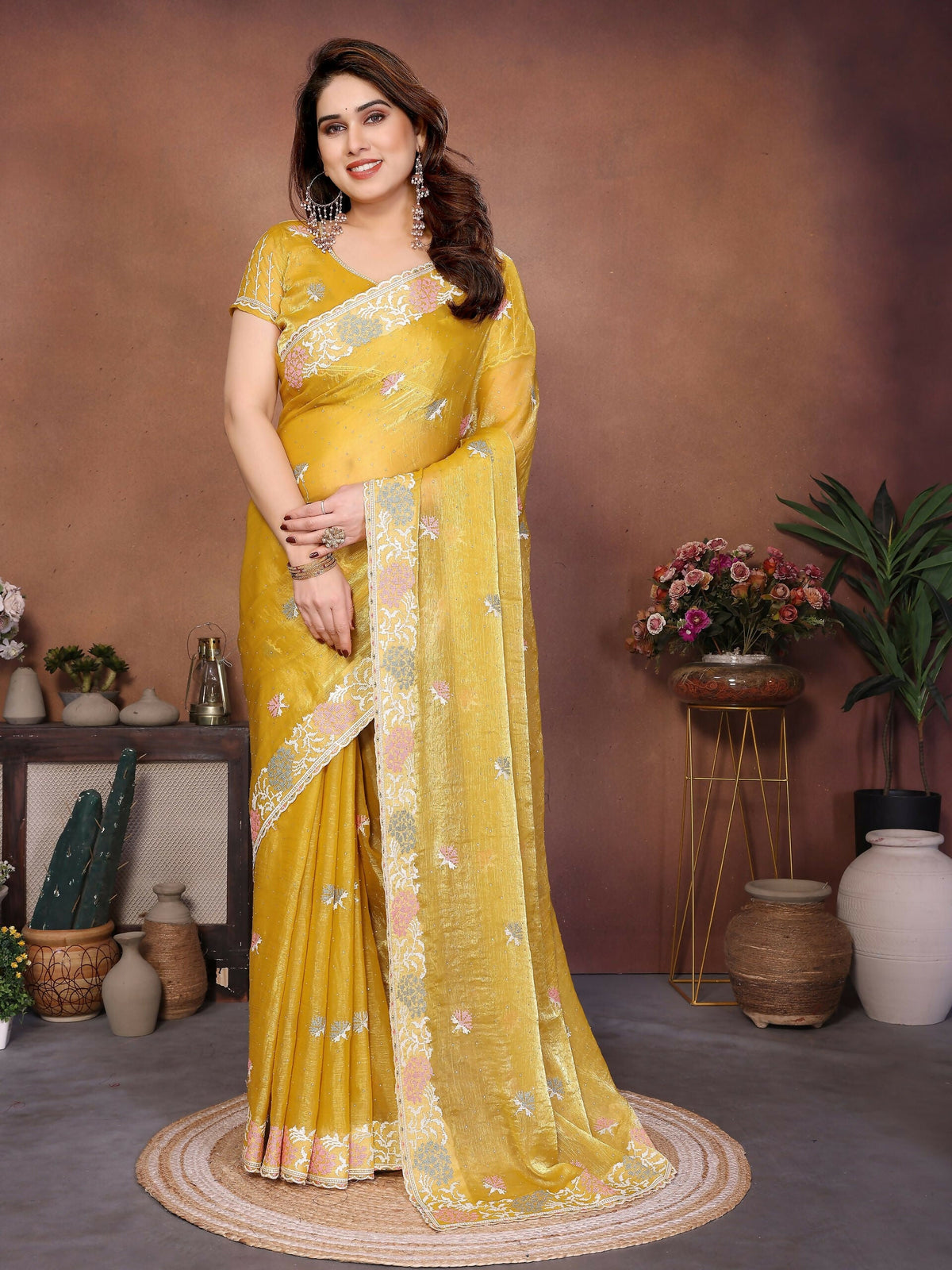 Teeya Creation New Womens Latest Party Wear Soft Chiffon Silk Saree-Yellow | Grocsy