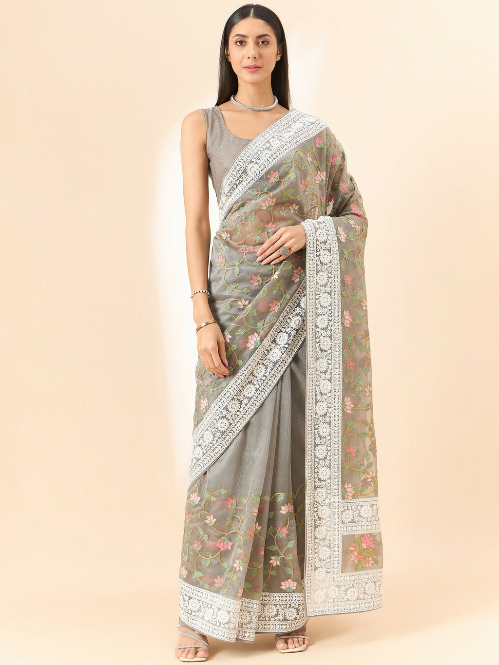 Grey Organza Floral Embroidered Saree with Unstitched Blouse Piece - Roozal | Grocsy