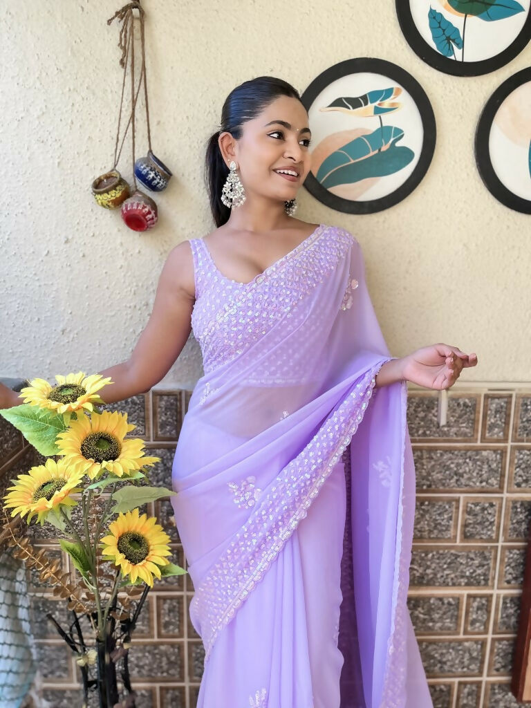 Lavender Georgette Sequence Embroidery Cut Work Saree - Saadia | Grocsy