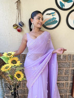 Lavender Georgette Sequence Embroidery Cut Work Saree - Saadia | Grocsy