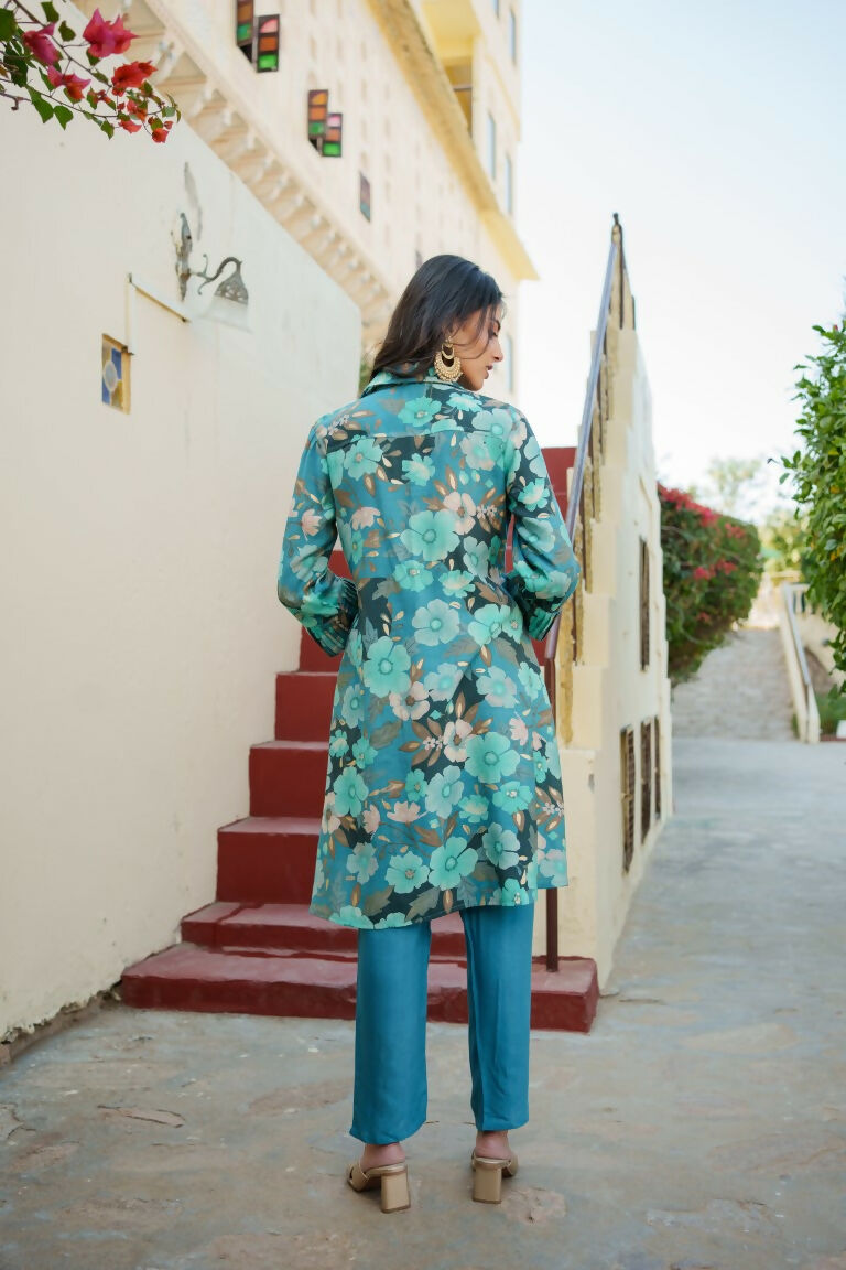 Vaasva Women Teal Muslin Tucks Kurta & Pant Set | Grocsy