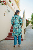 Vaasva Women Teal Muslin Tucks Kurta & Pant Set | Grocsy