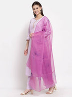 Myshka Women's Light Purple Cotton Solid 3/4 Sleeve Round Neck Casual Kurta Pant Dupatta Set | Grocsy