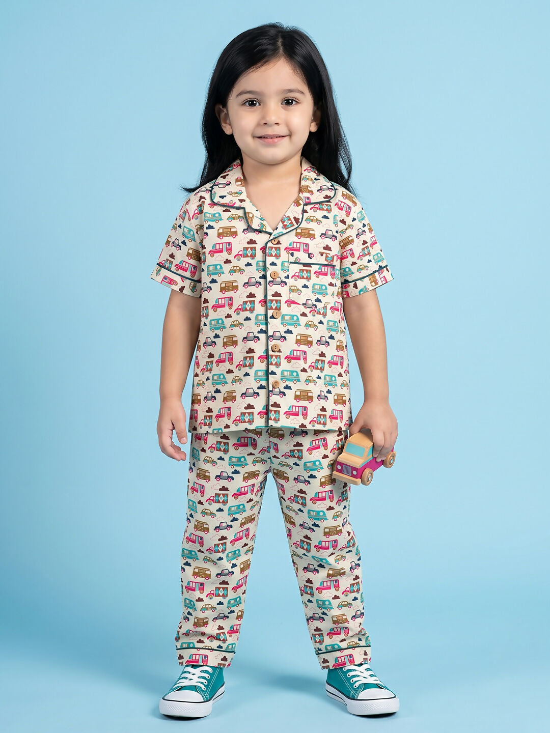 Breathables Woven Cotton Half Sleeves Bus Cars Shirt & Pyjama White | Grocsy
