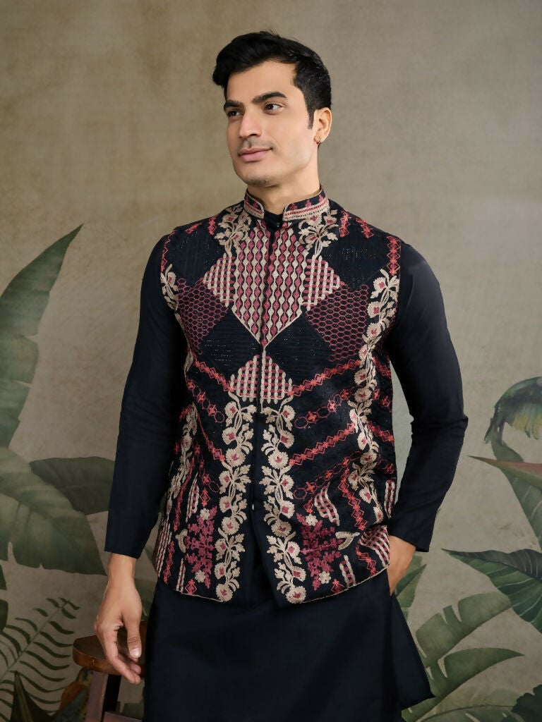 Vastranavya Black Exclusive Festival Viscose Silk Thread & Swarovski Embroidered Work Mens Wear Kurta & Koti | Grocsy