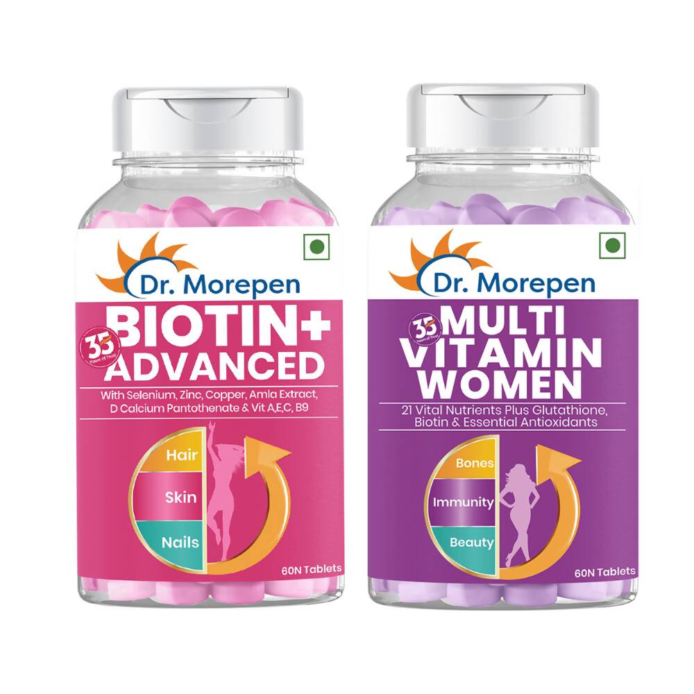 Dr. Morepen Biotin+ Advanced Tablets and Multivitamin Women Tablets Combo | Grocsy
