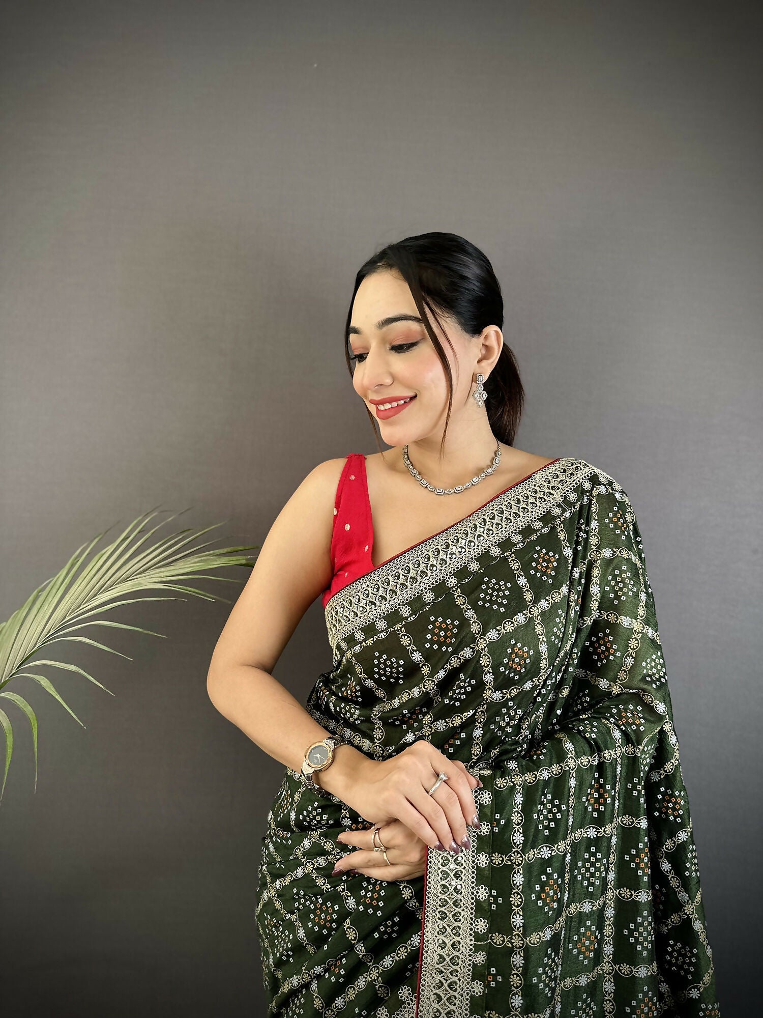 Joban Fashion Dark Green Bandhej Bandhani Vichitra Silk Bandhani Prints Saree | Grocsy