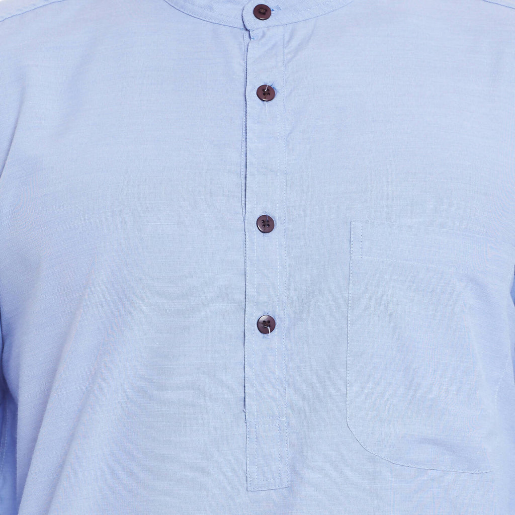 Even Apparels Blue Color Pure Cotton Men's Kurta With Band Collar | Grocsy