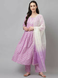 FIORRA Women's Lavender Lurex Cotton Flared Kurta Pant With Dupatta | Grocsy
