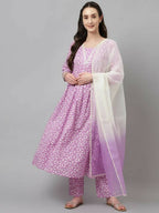 FIORRA Women's Lavender Lurex Cotton Flared Kurta Pant With Dupatta | Grocsy