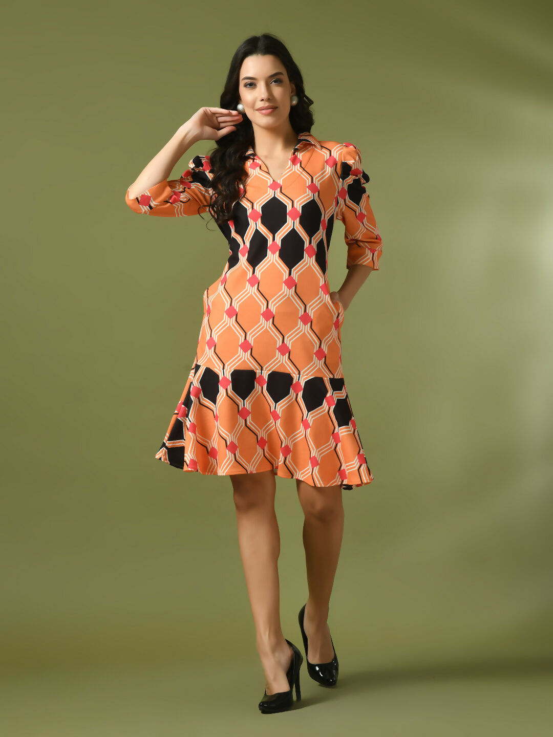 Myshka Women's Multi Printed Shirt Collar Fit and Flare Party Dress | Grocsy