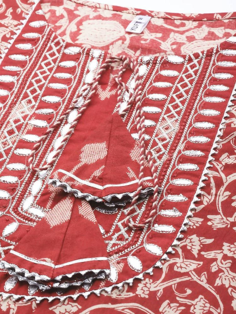 Yufta Maroon & Beige Ethnic Motifs Screen Print Cotton Straight Kurta Palazzo & Dupatta | Grocsy