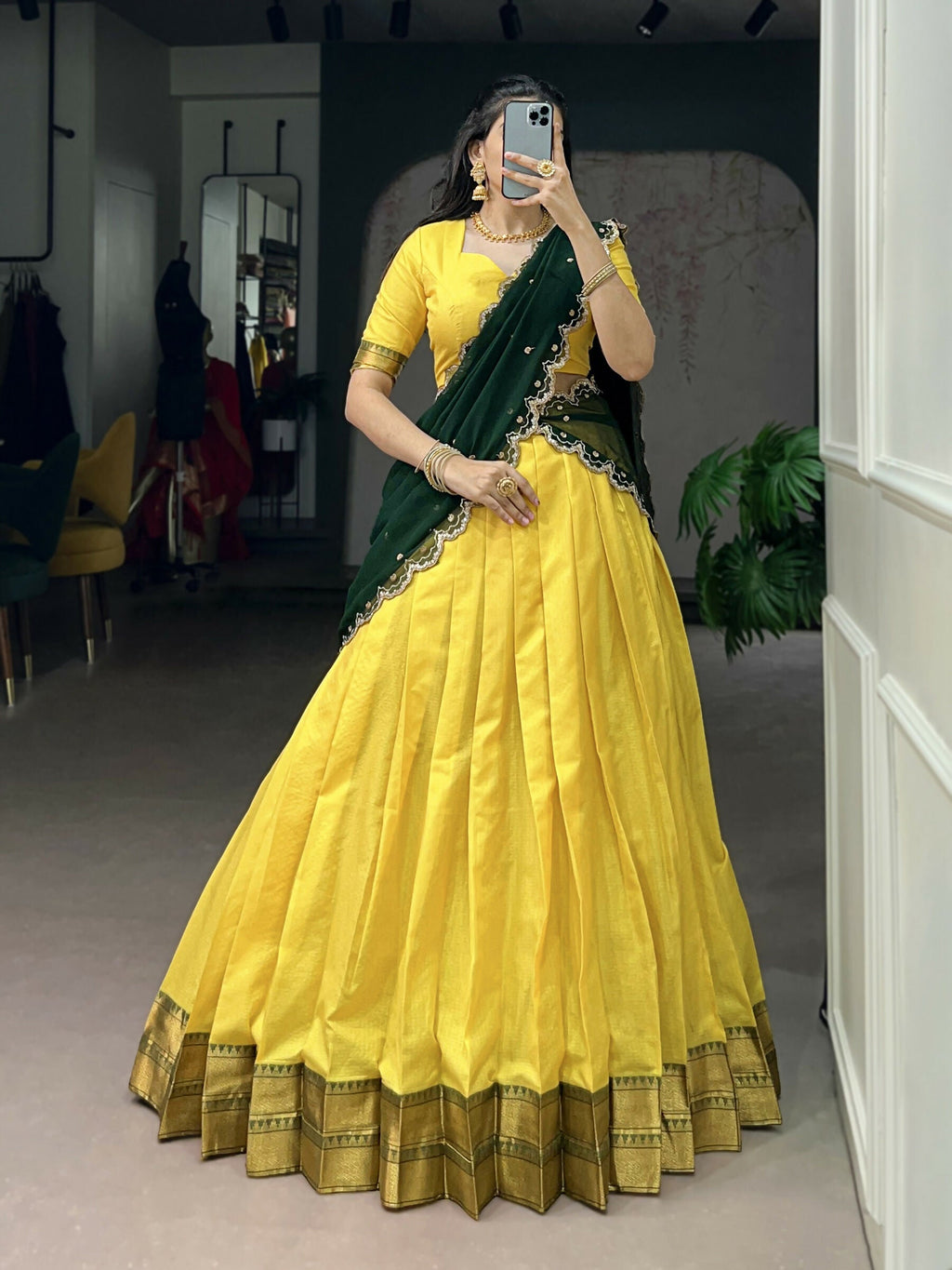 Lorenvalley Fashion Yellow Cotton Silk Zari Weaving Work Lehenga Choli with Dupatta | Grocsy