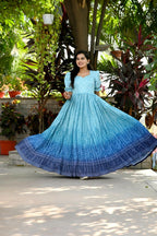 Jyoti Fashion Women's Sky Blue Bandhej Print with Crush Pleating Muslin Anarkali Dress | Grocsy