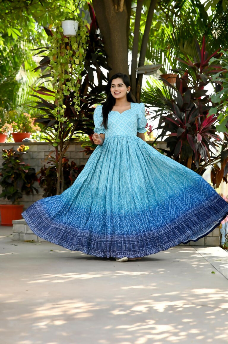 Jyoti Fashion Women's Sky Blue Bandhej Print with Crush Pleating Muslin Anarkali Dress | Grocsy