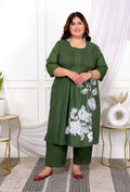 Miravan Women's Plus Size Mehandi Pintucks Cotton Floral Straight Kurta and Palazzo | Grocsy