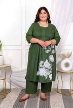 Miravan Women's Plus Size Mehandi Pintucks Cotton Floral Straight Kurta and Palazzo | Grocsy