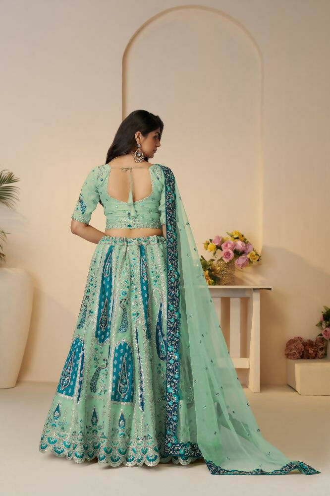 Kesar Fab Sky-Blue Banarasi Silk Embroidered Lehenga | Grocsy