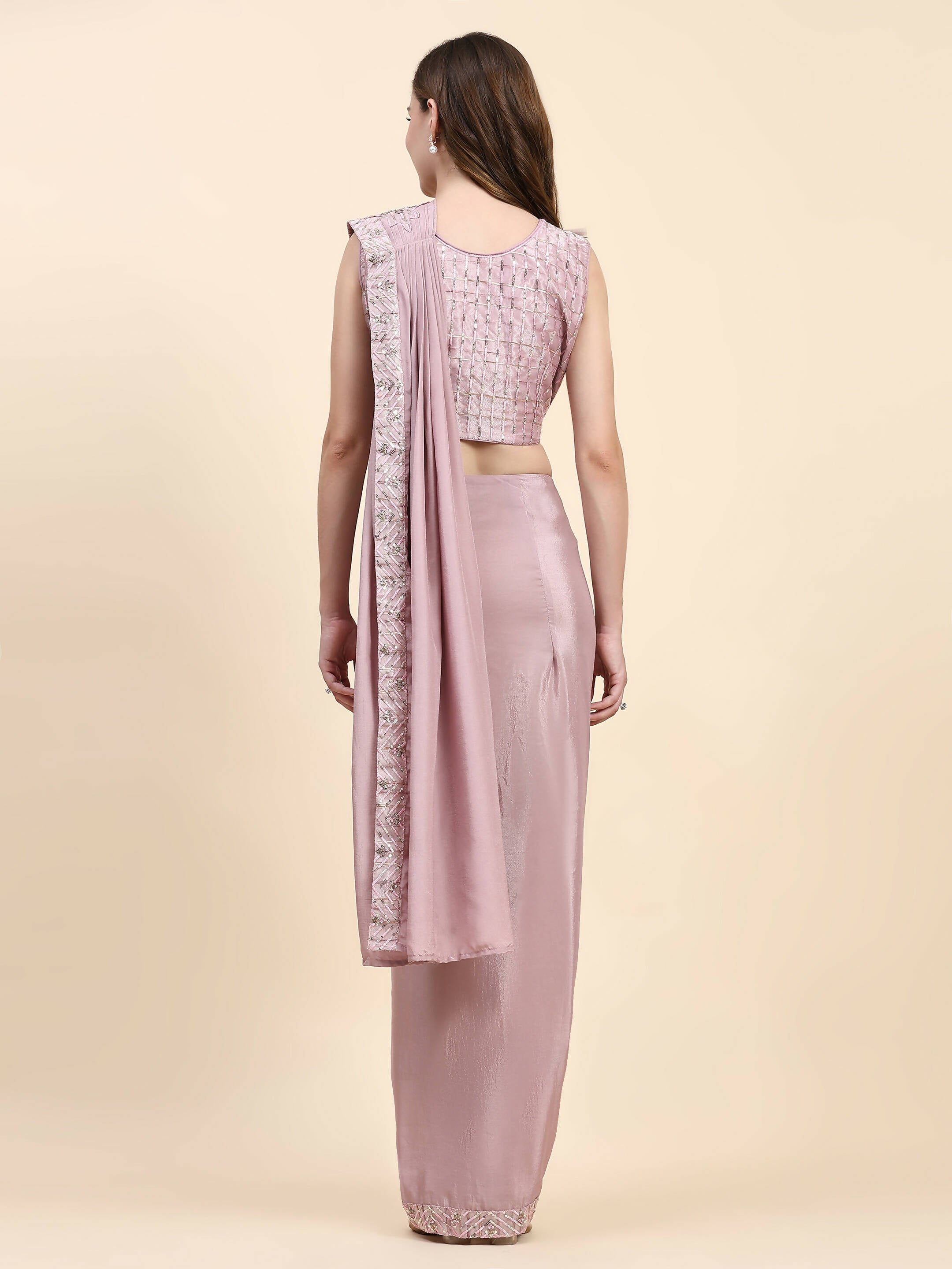 Pink Silk Satin Solid Ready to wear Saree with stitched Blouse - Satiksha | Grocsy