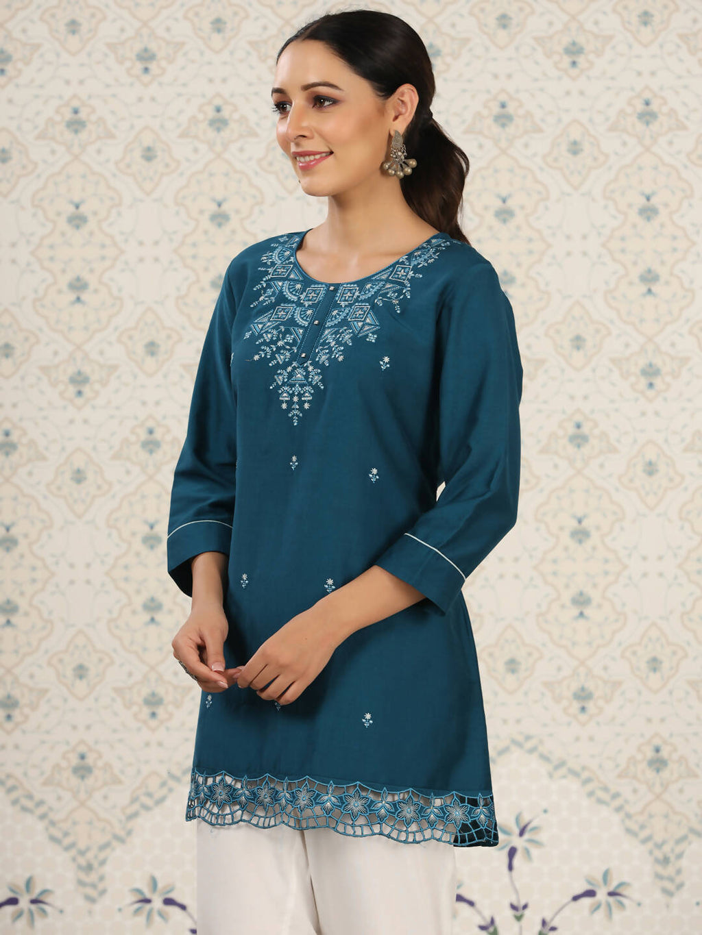 Teal Chinon Embroidered Straight Top - Zeny | Grocsy