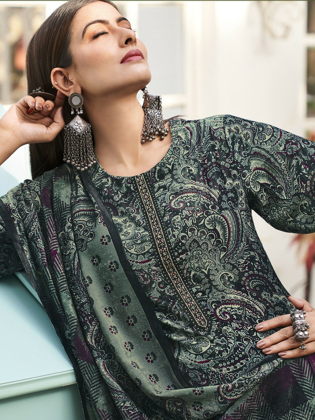 Jyoti Fashion Women's Green Velvet Digital Print with Resham Thread work Kurta with Trouser & Dupatta | Grocsy